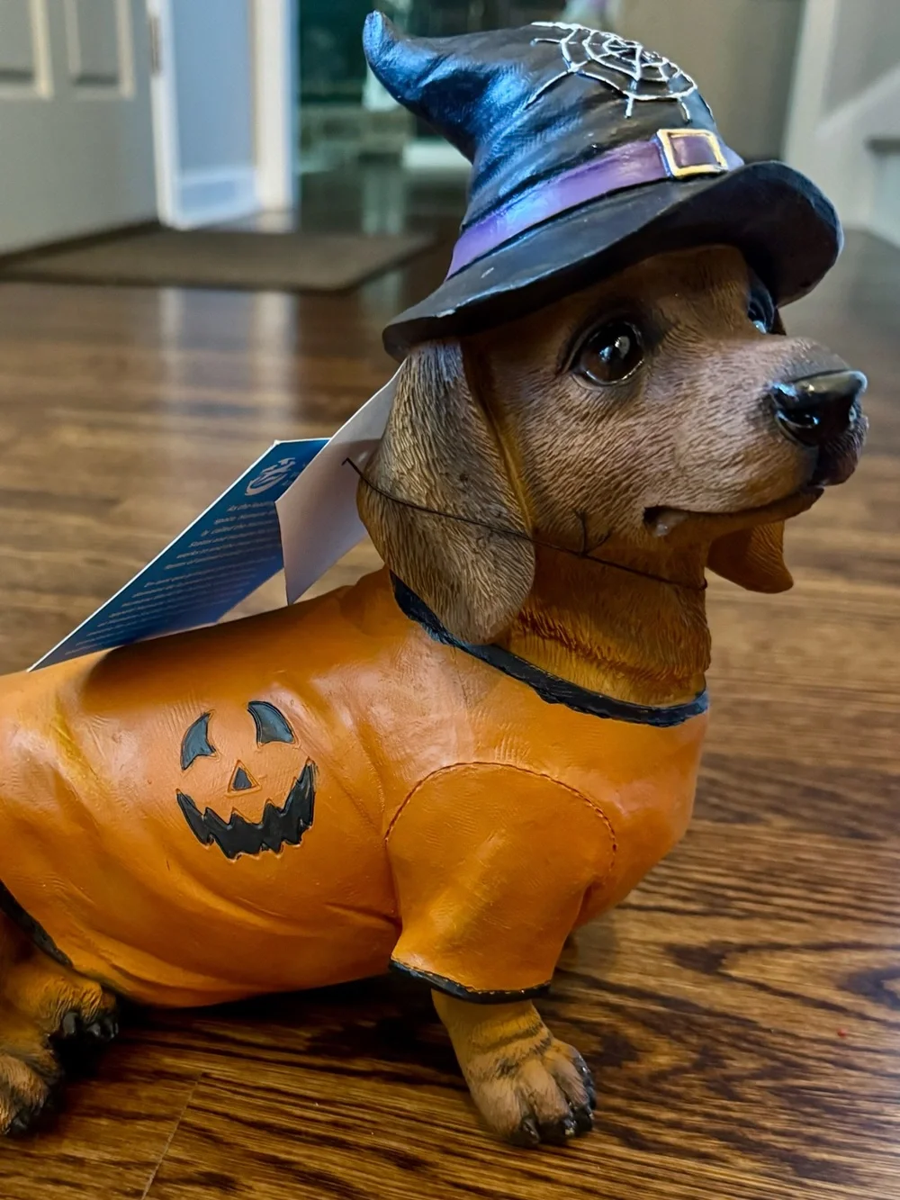 Halloween Pumpkin Dachshund Dog Figurine With Orange and Black Halloween Shirt